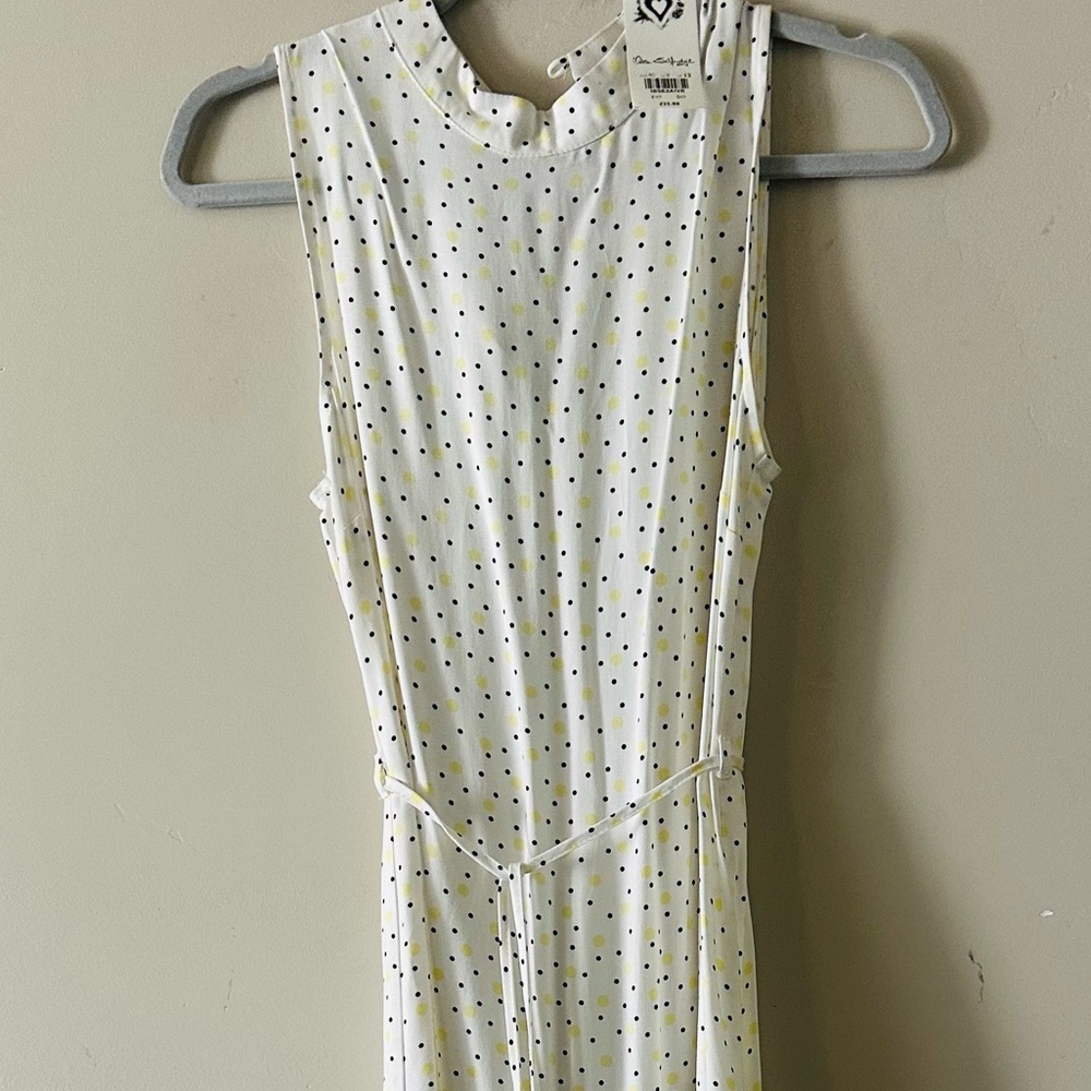 Sleeveless White Polka Dot Midi Dress with Yellow and Black Dots